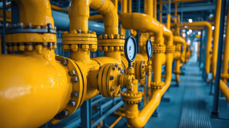 A network of yellow pipes and control valves in a gas plant, illustrating the critical infrastructure of the energy sector.の素材