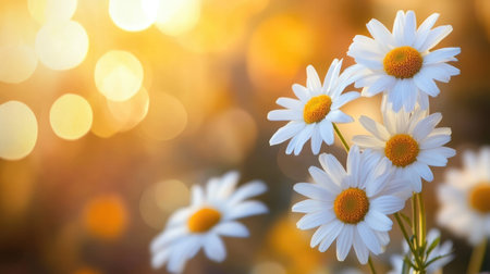 Bright white daisy flowers against a warm, golden blurred background, emphasizing the purity and elegance of nature.の素材