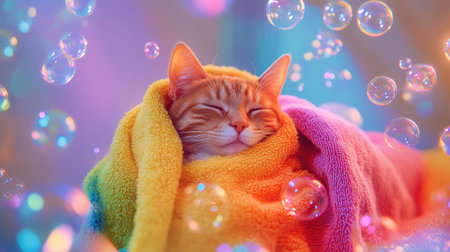 Cat snugly wrapped in a bright towel, enjoying a bath surrounded by floating bubbles in rainbow hues.の素材