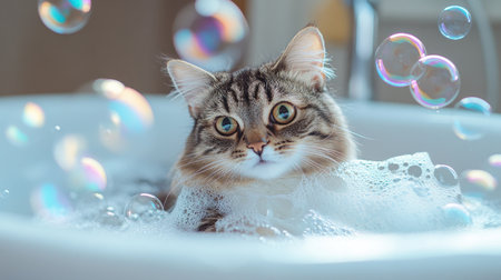 Cute cat in a bathtub, having a blast playing with colorful soap bubbles, making bath time a joyful experience.の素材