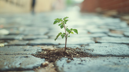 Close-up of a small tree's regrowth after a storm, symbolizing the strength and resilience of a community rebuilding together.の素材