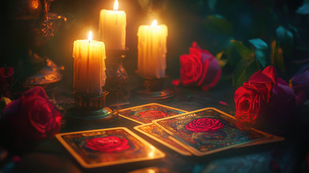 A tarot reading session bathed in candlelight, with roses enhancing the mystical and intimate atmosphere of the room.の素材