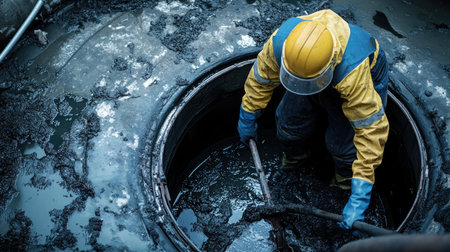 A worker in protective gear cleans a septic tank, performing essential waste disposal services in an industrial setting.の素材