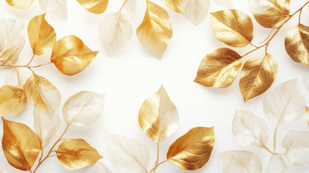 Shimmering golden leaves on a pure white background, highlighting the beauty of nature with a touch of luxury.の素材