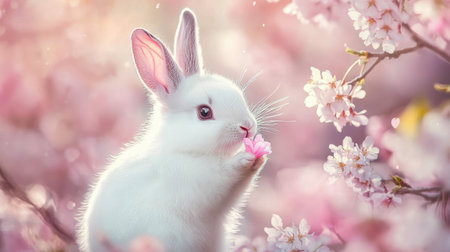 Rabbit clutching a flower petal, surrounded by cherry blossoms in full bloom, capturing the essence of springtime cuteness.の素材