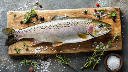 A fresh rainbow trout laid out on a wooden board, surrounded by coarse kosher salt and herbs, ready for seasoning and cooking.の素材