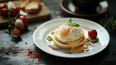 Tasty egg Benedict on a white plate, with a cup of freshly brewed coffee nearby, placed on a dark, elegant background for a cozy morning meal.の素材