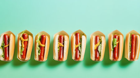 A close-up of hot dogs in containers against a pastel green background, perfect for a playful food presentation.の素材