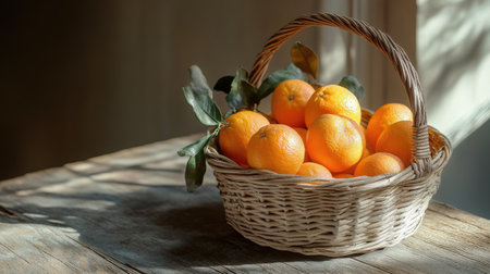 Tangerines in a rustic basket on a wooden table, with natural light casting soft shadows, creating a cozy and homely still life.の素材