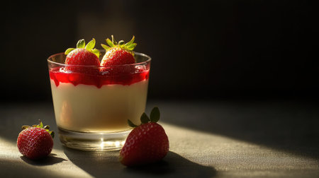 Italian panna cotta dessert in a glass, garnished with strawberries, photographed in dramatic lighting with rich shadows, emphasizing the dessert's texture.の素材