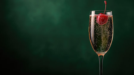 Kir Royale cocktail in a champagne flute, with a red cherry garnish, set on a dark green background, emphasizing the rich colors and shadows.の素材