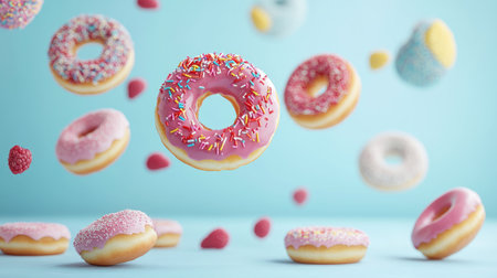 Floating donuts with vibrant toppings, isolated on a pastel background, creating a whimsical and eye-catching food concept.の素材