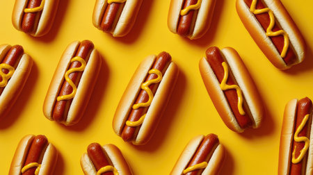 A pattern of hot dogs topped with mustard, arranged artistically on a bright background, emphasizing their classic appeal.の素材