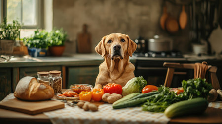 A charming dog sitting at a table with various foods such as vegetables and bread, set in a cozy kitchen environment.の素材