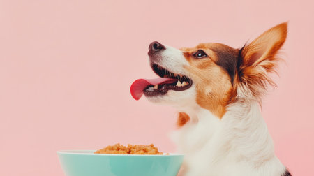 A dog devouring its food from a bowl on a pastel-colored background, showcasing its enjoyment of the meal.の素材