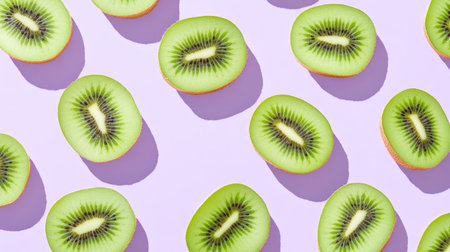 A minimalist flat lay of kiwi slices in a repeating pattern on a pastel lavender background, featuring soft shadows for depth.の素材