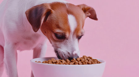 A dog enthusiastically eating from its bowl of kibble, shot against a subtle pastel background to emphasize the mealtimeの素材