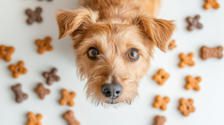 A charming dog gazing at the camera with a variety of dog treats scattered around it, captured from above on a white background.の素材