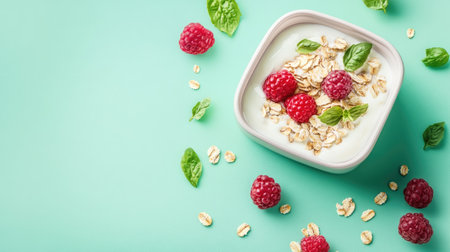 A nutritious lunchbox with yogurt and oatberry cocktail on a pastel green background, designed for kids' healthの素材