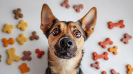 A sweet dog looking up with a hopeful expression, surrounded by an assortment of dog treats on a plain white background, shot from above.の素材