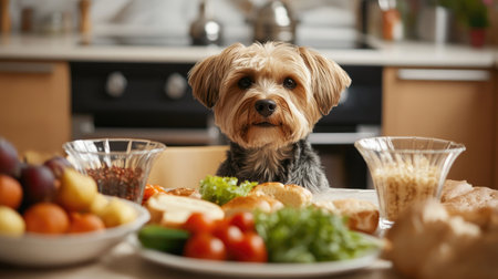A dog seated at the kitchen table with an assortment of foods like vegetables and bread, showcasing its interest in mealtime.の素材
