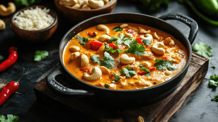 Cashew curry, or kaju masala, served in a pan, with rich, creamy sauce and spices, captured in vibrant colors and texturesの素材