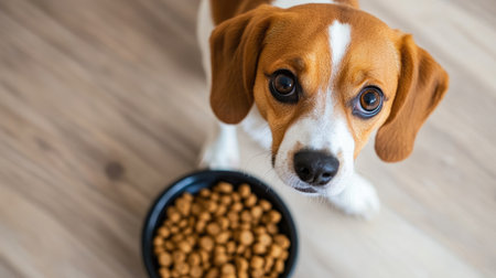 A small, cute dog next to its bowl of dog food, looking up with big eyes, captured against a plain background.の素材