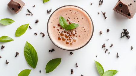 A flat lay of Taiwan milk tea with bubbles, surrounded by tea leaves and tapioca pearls on a clean white background.の素材