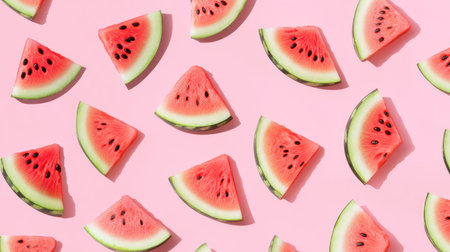 A juicy watermelon slice pattern on a pastel pink background, full of summer vibes.の素材