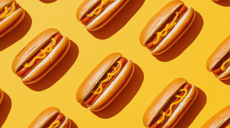A stylish pattern of mustard-covered hot dogs on a contrasting background, showcasing a playful take on classic food items.の素材