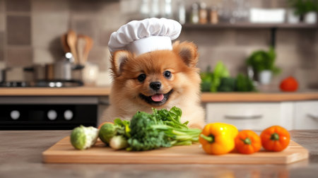 A fluffy puppy wearing a chef hat, proudly preparing a vegetable dish in the kitchen, highlighting its culinary passion.の素材