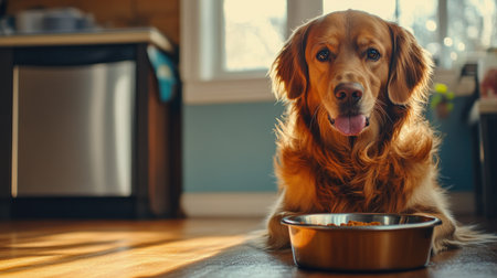 A hungry dog sitting behind its food bowl, licking its lips with anticipation, captured in a warm and inviting home settingの素材