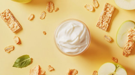 Healthy school lunch with apple, cereal bar, and yogurt on a pastel yellow background, featuring natural light.の素材