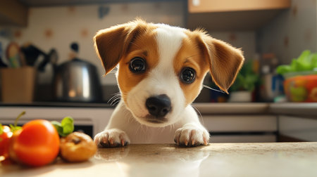 A playful puppy with a guilty look, sneaking snacks off the kitchen counter, illustrating its cheeky behavior.の素材