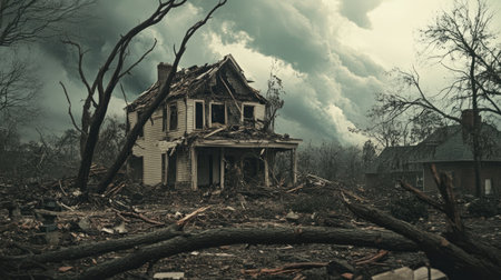 A house reduced to rubble after a powerful tornado, with trees uprooted and lying across the wreckage, highlighting the destruction.の素材