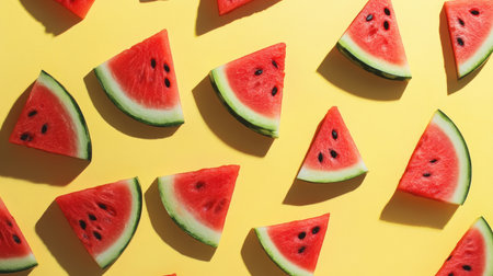 Watermelon slices scattered on a pastel yellow background, creating a refreshing visual.の素材