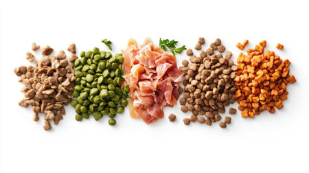 A variety of balanced pet food options, both wet and dry, displayed on an isolated white background, showcasing their nutrient-rich ingredients.の素材