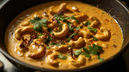 Indian kaju masala served in a traditional pan, showcasing creamy cashew curry with aromatic spices and garnishes.の素材