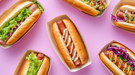 A tempting arrangement of hot dogs in containers on a pastel lavender background, highlighting fresh ingredients.の素材