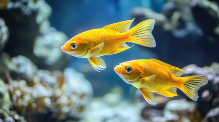 A pair of gold ornamental fish swimming near the aquarium floor, their vibrant color reflecting the light in a calm aquatic environment.の素材