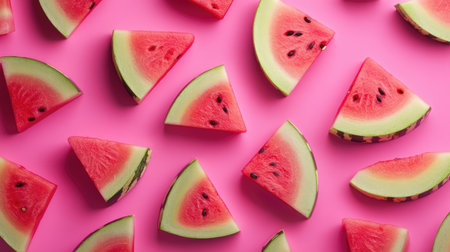 Juicy watermelon slices arranged on a deep pink background, bursting with color.の素材