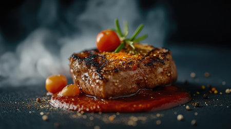 A beautifully grilled meat steak with tomato sauce and garnished with spices, set on a dark backdrop for a mouthwatering visual.の素材