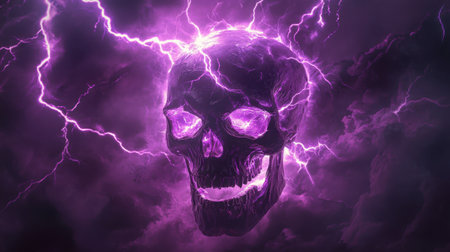 Purple skull surrounded by electric lightning, glowing eerily in a dark stormy background, giving off a supernatural vibe.の素材