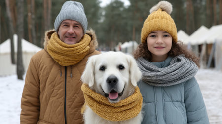 A joyful family poses outdoors in winter attire with their golden retriever, showcasing love and warmth amidst snow-covered trees and tents in the background.の素材