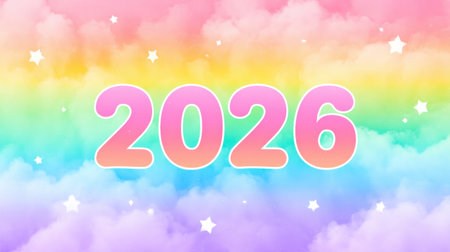 Bright and colorful design featuring the year 2026 with a soft pastel rainbow and whimsical clouds. Perfect for festive occasions and creative projects.の素材