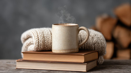 A serene composition featuring a steaming mug atop a stack of books and a soft blanket, evoking warmth and comfort for cozy reading moments during chilly seasons.の素材