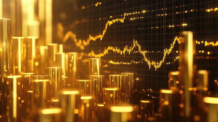A gold market financial diagram illustrating business success and growth, with upward-trending charts and golden hues.の素材