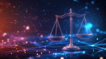 Digital justice network with glowing scales, illustrating the concept of fairness and equity in a technologically advanced world.の素材