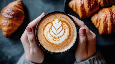 Aerial view of hands holding a latte beside croissants on a black table, creating a warm, inviting atmosphere.の素材