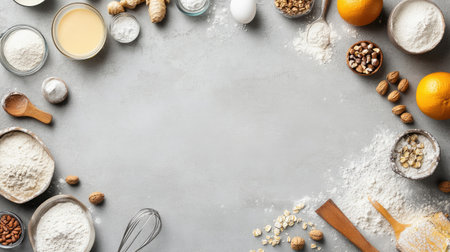 A top-down view of baking ingredients and tools arranged on a gray background, ideal for a trendy culinary concept.の素材